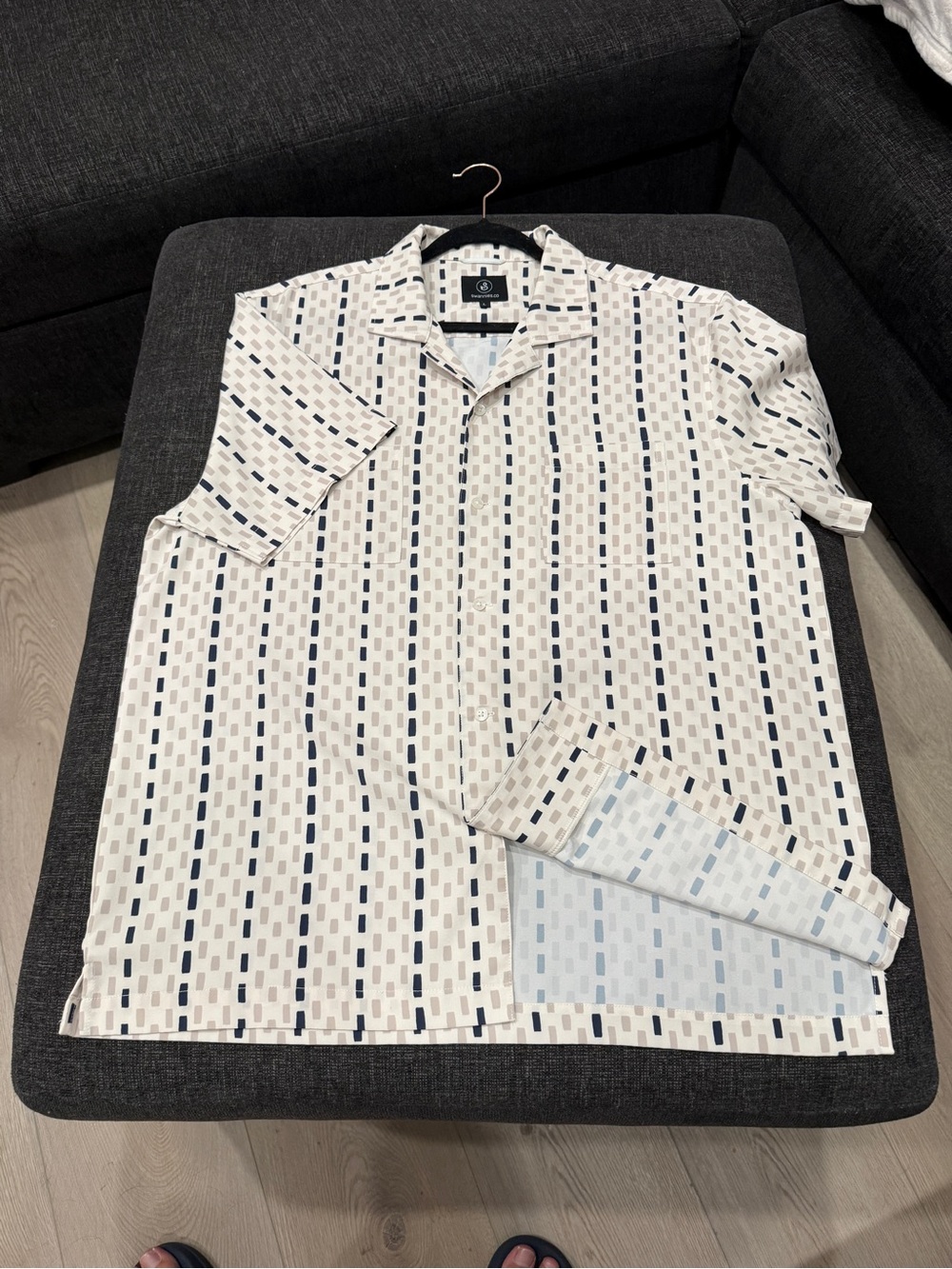 Relaxed Fit Men’s Short Sleeve Button-Up Shirt - Cream with Navy Pattern